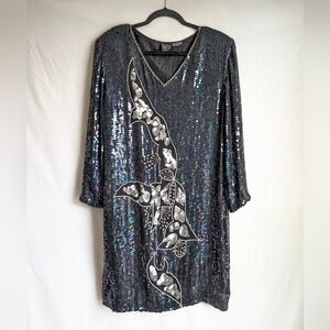 Vintage 100% Silk Sequin Dress | Black Iridescent | 80s Statement | L